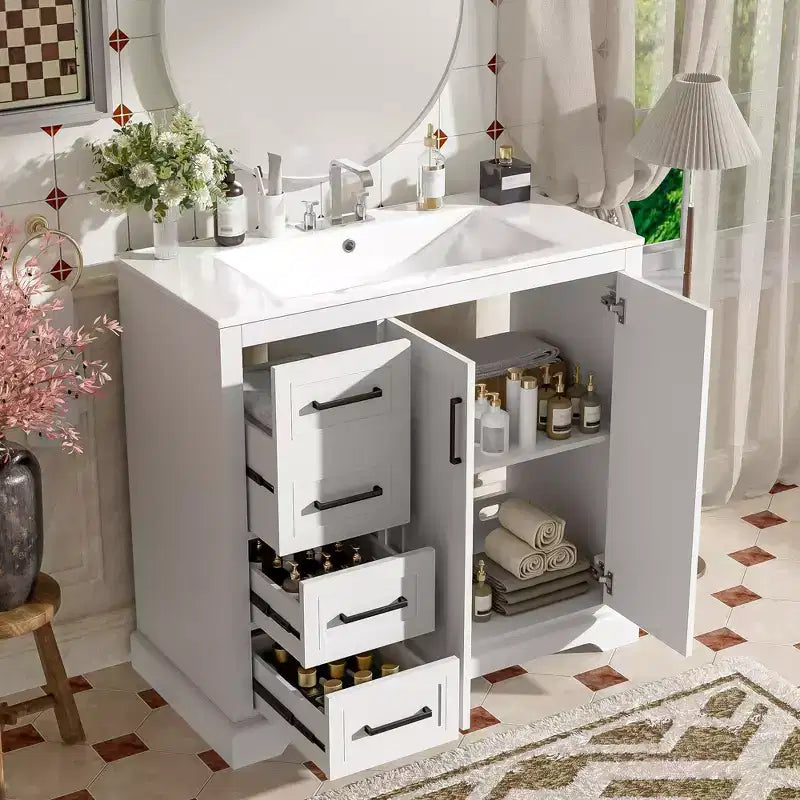 36 White Bathroom Vanity with Sink, Bathroom Floor Cabinet with Soft-Close Door, Adjustable Shelf & 3 Drawers