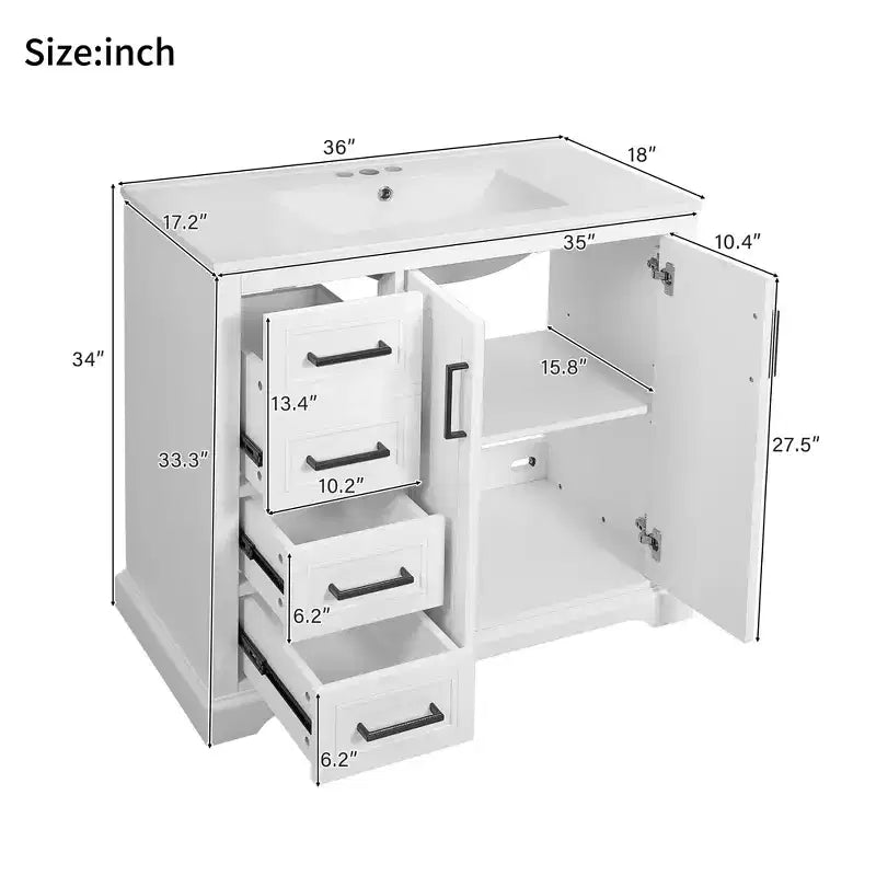 36 White Bathroom Vanity with Sink, Bathroom Floor Cabinet with Soft-Close Door, Adjustable Shelf & 3 Drawers
