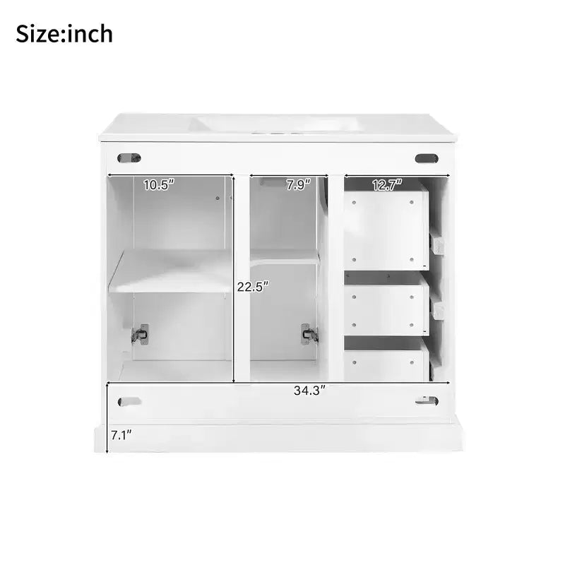 36 White Bathroom Vanity with Sink, Bathroom Floor Cabinet with Soft-Close Door, Adjustable Shelf & 3 Drawers