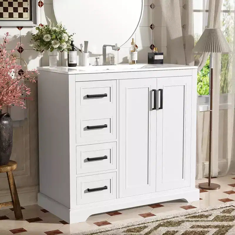 36 White Bathroom Vanity with Sink, Bathroom Floor Cabinet with Soft-Close Door, Adjustable Shelf & 3 Drawers