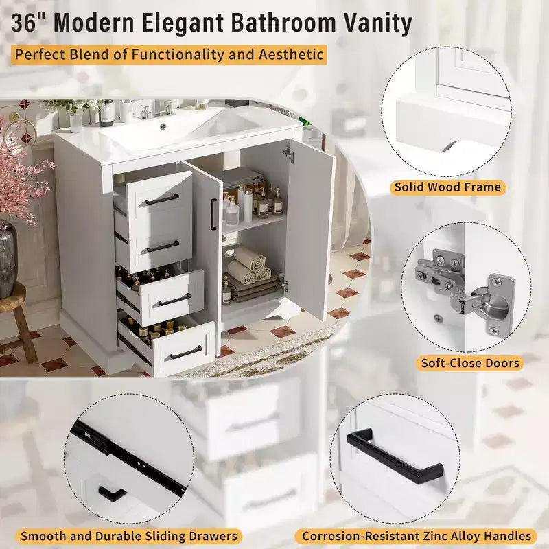 36 White Bathroom Vanity with Sink, Bathroom Floor Cabinet with Soft-Close Door, Adjustable Shelf & 3 Drawers