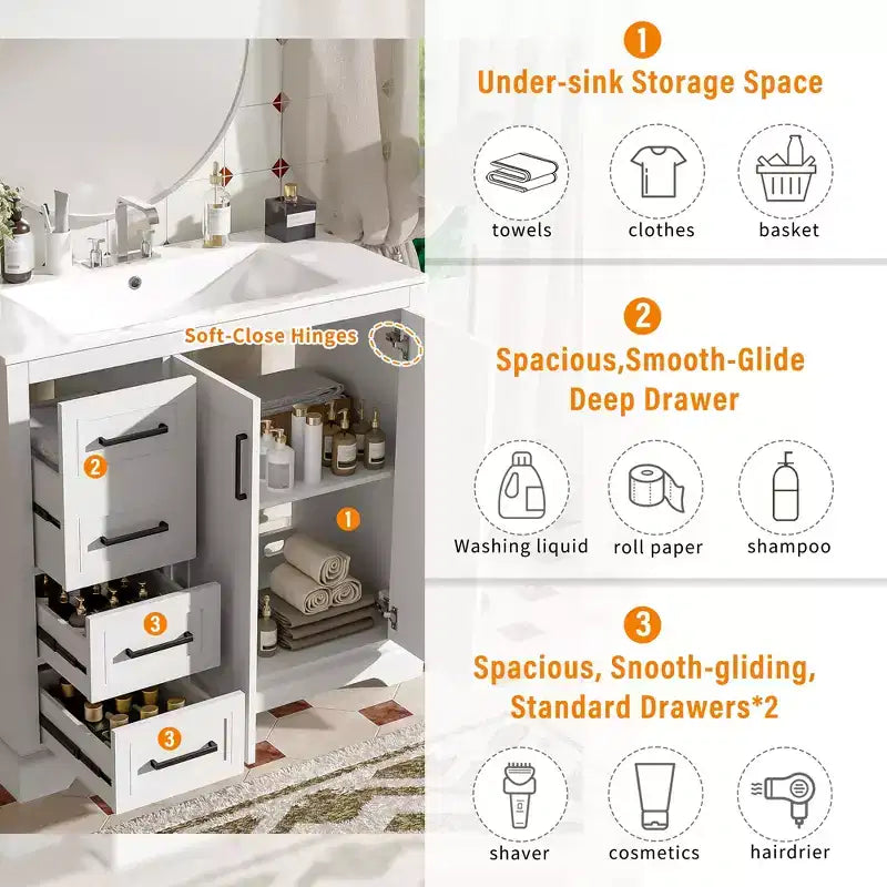 36 White Bathroom Vanity with Sink, Bathroom Floor Cabinet with Soft-Close Door, Adjustable Shelf & 3 Drawers
