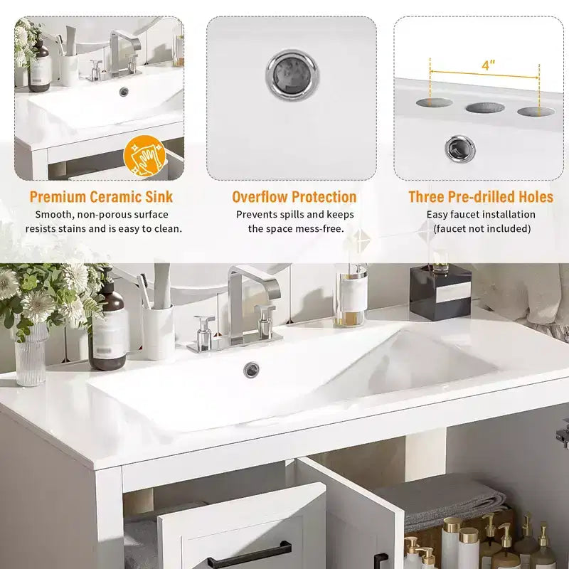 36 White Bathroom Vanity with Sink, Bathroom Floor Cabinet with Soft-Close Door, Adjustable Shelf & 3 Drawers