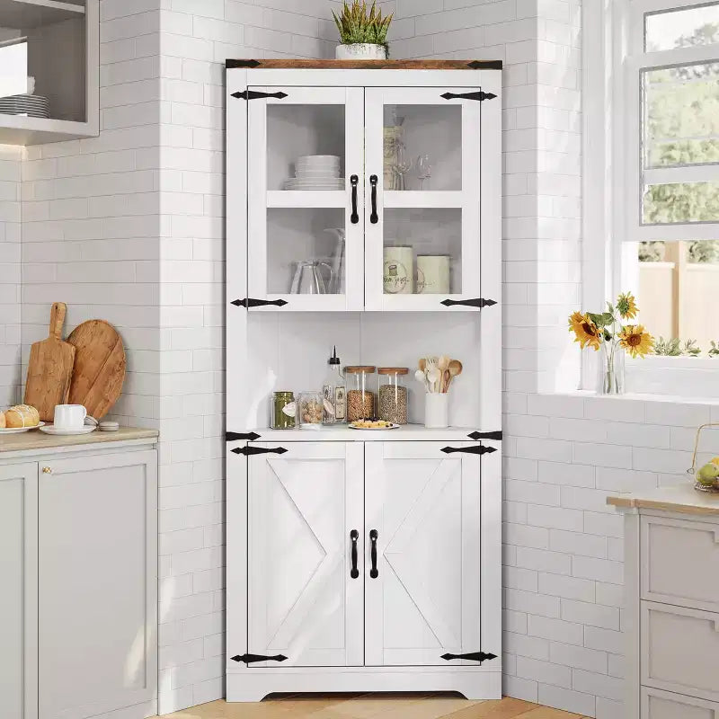 Tall Corner Cabinet, Farmhouse Corner Storage Cabinet with Glass Door & Adjustable Shelves, Bathroom Cabinet