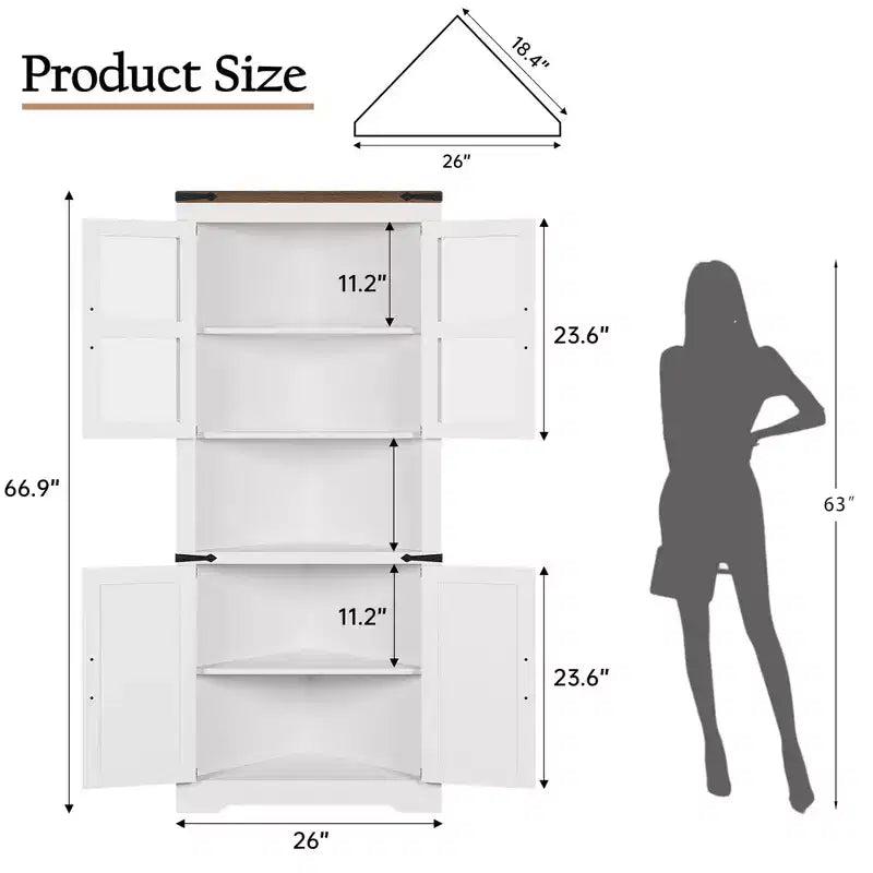 Tall Corner Cabinet, Farmhouse Corner Storage Cabinet with Glass Door & Adjustable Shelves, Bathroom Cabinet