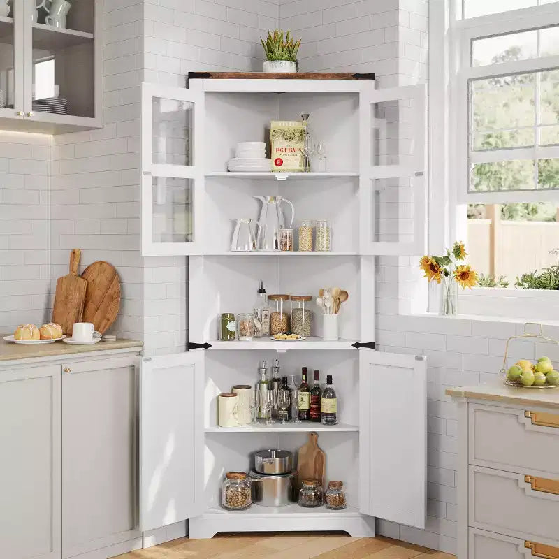 Tall Corner Cabinet, Farmhouse Corner Storage Cabinet with Glass Door & Adjustable Shelves, Bathroom Cabinet