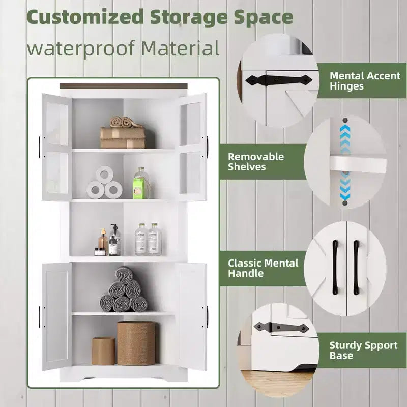 Tall Corner Cabinet, Farmhouse Corner Storage Cabinet with Glass Door & Adjustable Shelves, Bathroom Cabinet