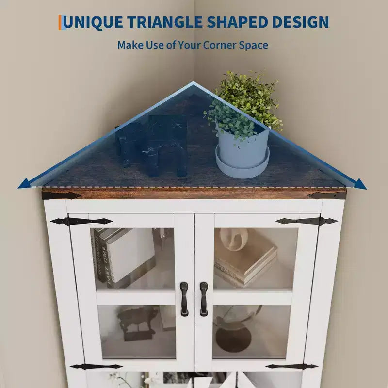 Tall Corner Cabinet, Farmhouse Corner Storage Cabinet with Glass Door & Adjustable Shelves, Bathroom Cabinet