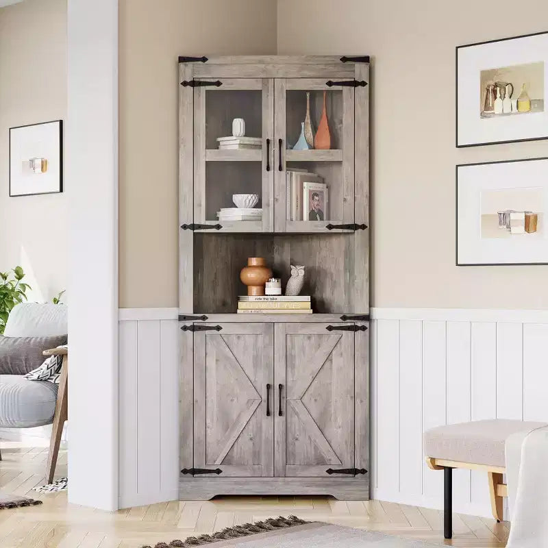 Tall Corner Cabinet, Farmhouse Corner Storage Cabinet with Glass Door & Adjustable Shelves, Bathroom Cabinet