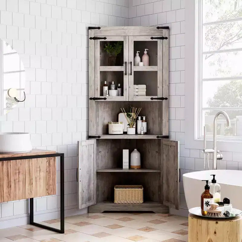 Tall Corner Cabinet, Farmhouse Corner Storage Cabinet with Glass Door & Adjustable Shelves, Bathroom Cabinet