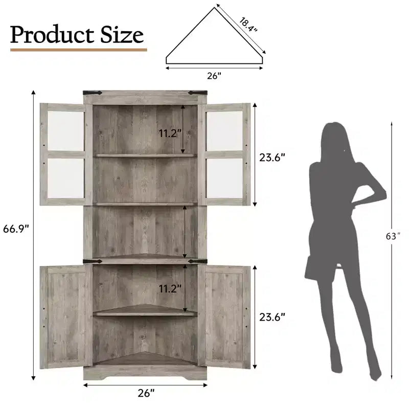 Tall Corner Cabinet, Farmhouse Corner Storage Cabinet with Glass Door & Adjustable Shelves, Bathroom Cabinet