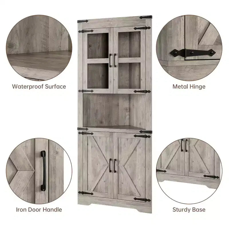 Tall Corner Cabinet, Farmhouse Corner Storage Cabinet with Glass Door & Adjustable Shelves, Bathroom Cabinet