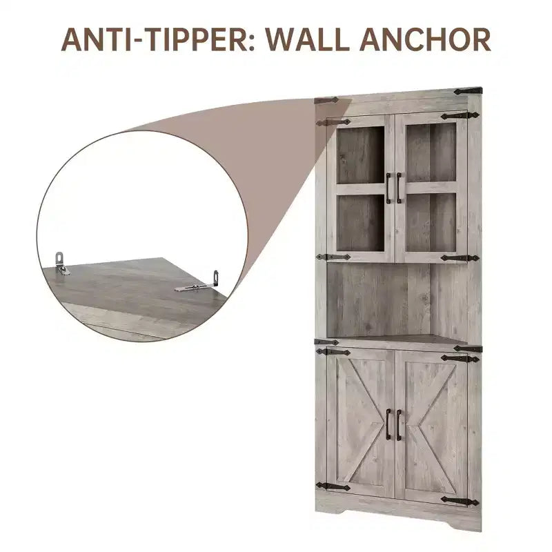 Tall Corner Cabinet, Farmhouse Corner Storage Cabinet with Glass Door & Adjustable Shelves, Bathroom Cabinet