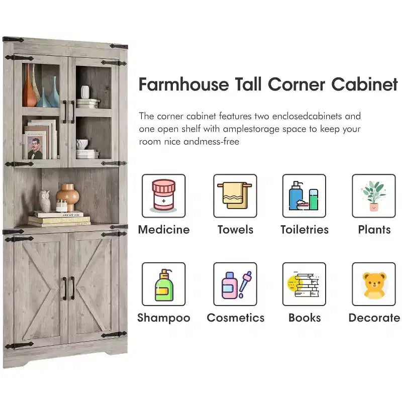 Tall Corner Cabinet, Farmhouse Corner Storage Cabinet with Glass Door & Adjustable Shelves, Bathroom Cabinet