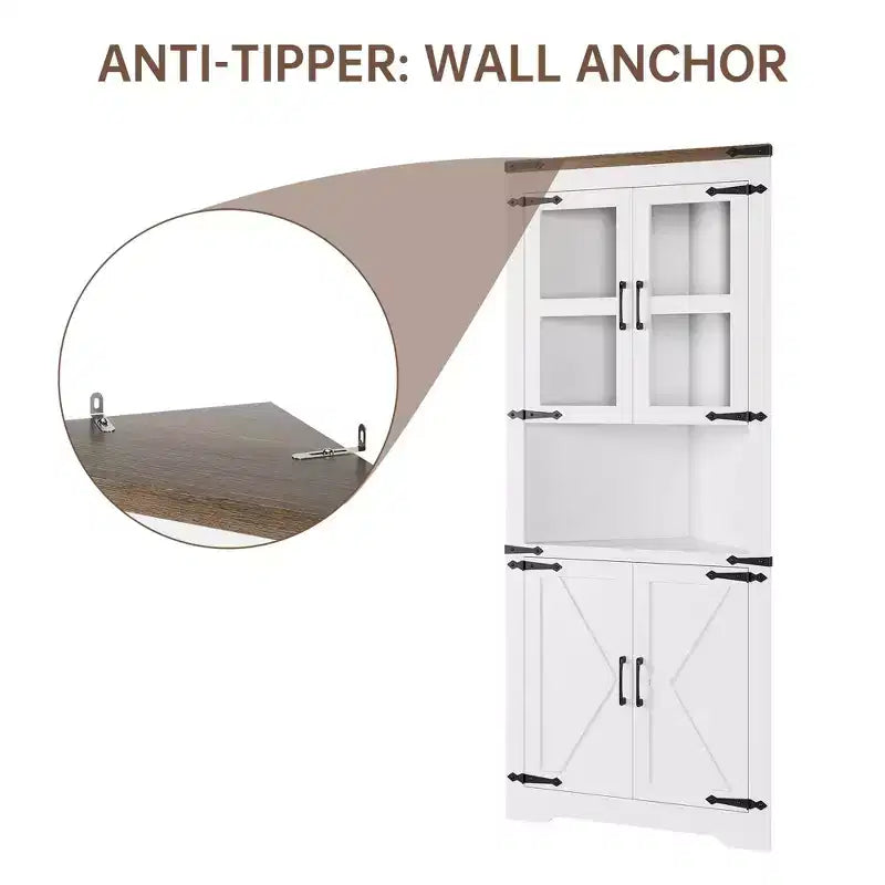 Tall Corner Cabinet, Farmhouse Corner Storage Cabinet with Glass Door & Adjustable Shelves, Bathroom Cabinet