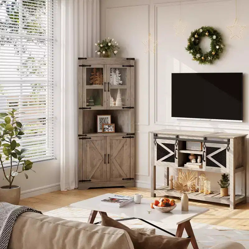Tall Corner Cabinet, Farmhouse Corner Storage Cabinet with Glass Door & Adjustable Shelves, Bathroom Cabinet