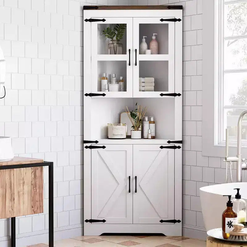 Tall Corner Cabinet, Farmhouse Corner Storage Cabinet with Glass Door & Adjustable Shelves, Bathroom Cabinet