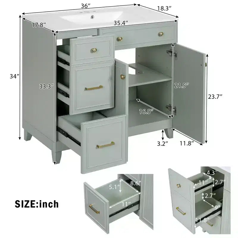 36 Bathroom Vanity Sink Combo with Drawers and Adjustable Shelves, Modern Storage Cabinet with Soft Close Doors