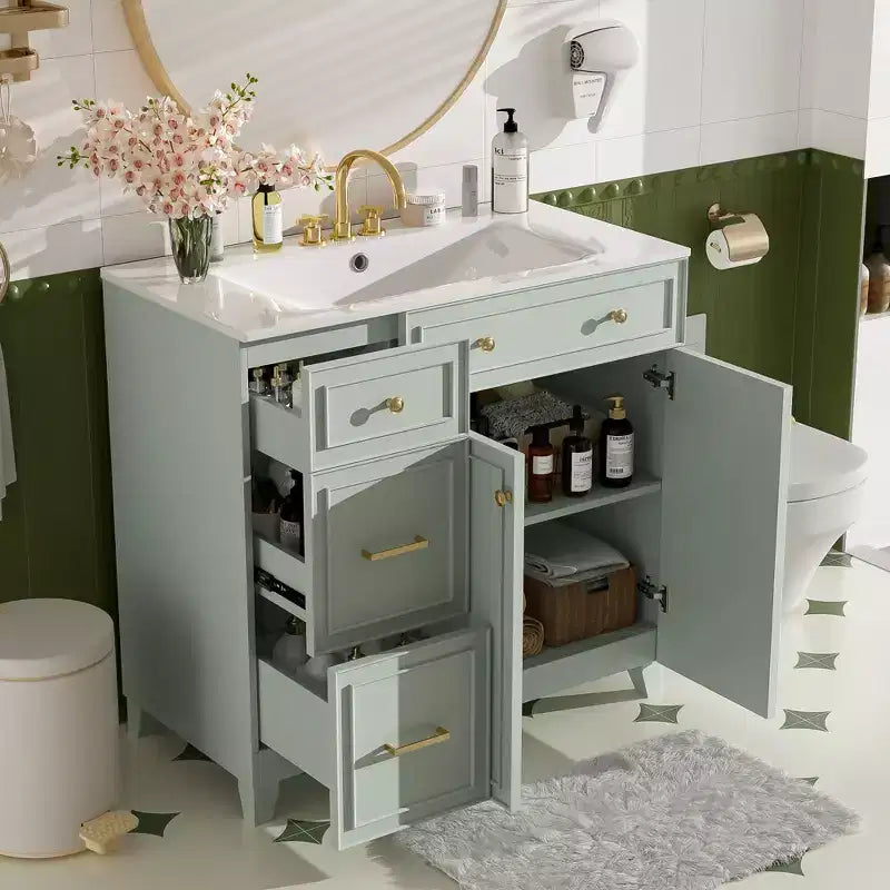 36 Bathroom Vanity Sink Combo with Drawers and Adjustable Shelves, Modern Storage Cabinet with Soft Close Doors