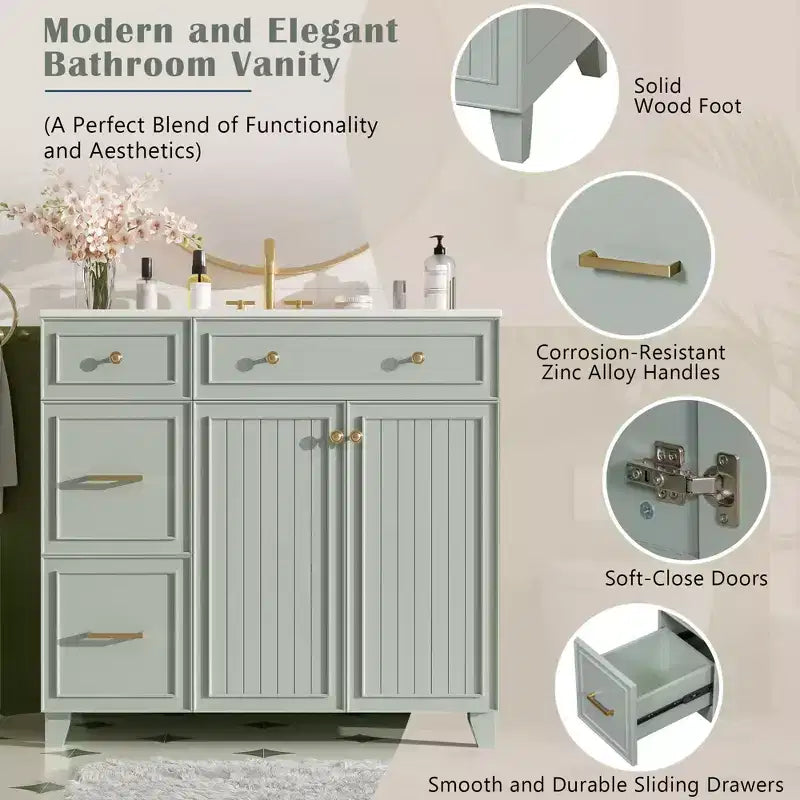 36 Bathroom Vanity Sink Combo with Drawers and Adjustable Shelves, Modern Storage Cabinet with Soft Close Doors