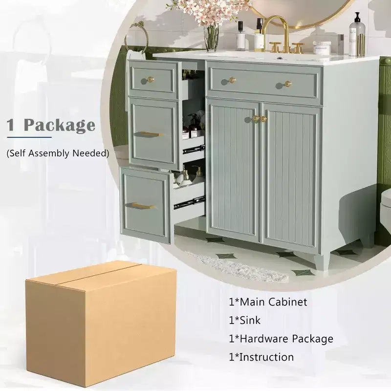 36 Bathroom Vanity Sink Combo with Drawers and Adjustable Shelves, Modern Storage Cabinet with Soft Close Doors
