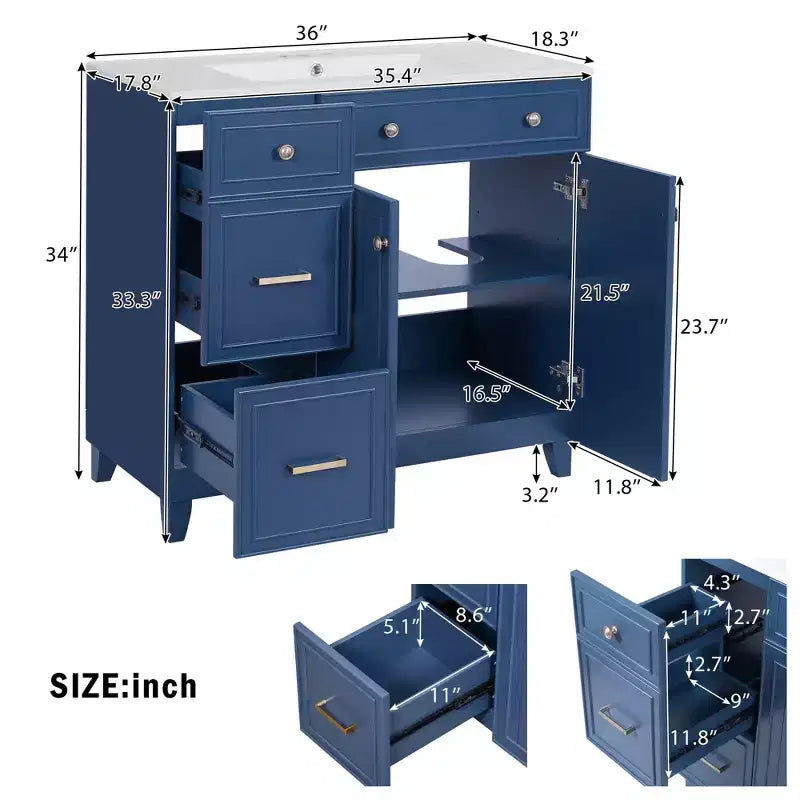 36 Bathroom Vanity Sink Combo with Drawers and Adjustable Shelves, Modern Storage Cabinet with Soft Close Doors
