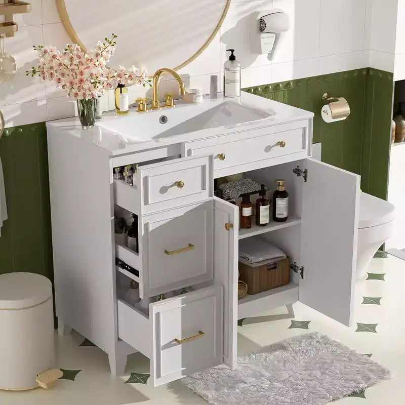 36 Bathroom Vanity Sink Combo with Drawers and Adjustable Shelves, Modern Storage Cabinet with Soft Close Doors