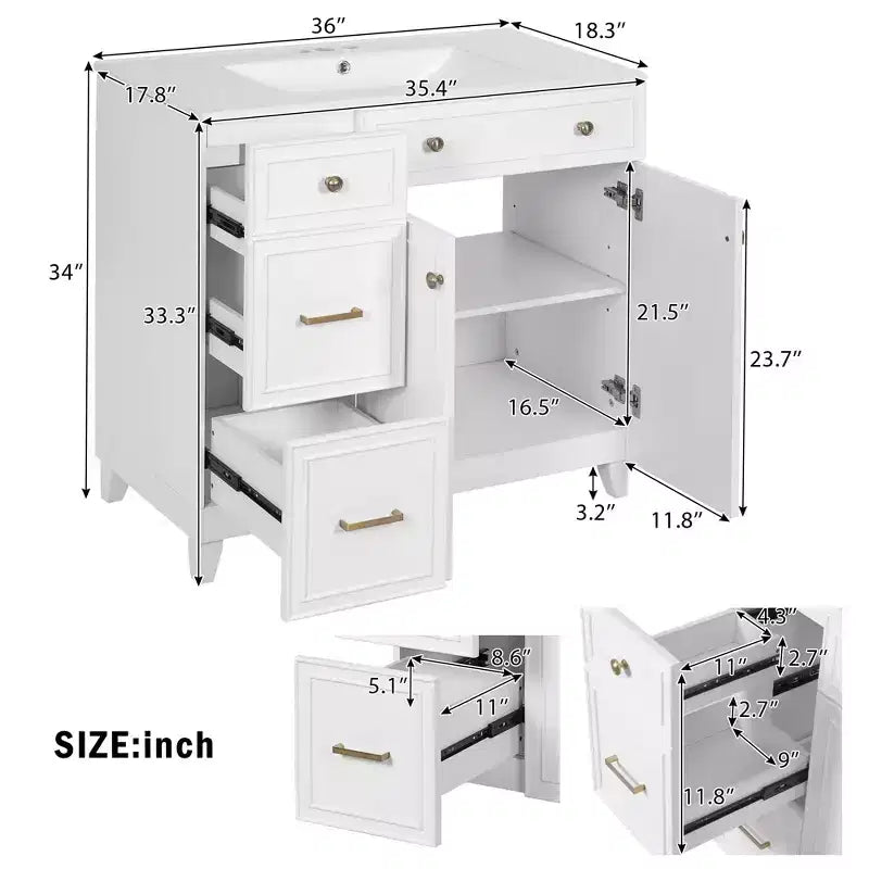 36 Bathroom Vanity Sink Combo with Drawers and Adjustable Shelves, Modern Storage Cabinet with Soft Close Doors