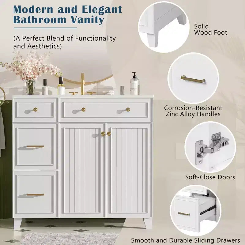 36 Bathroom Vanity Sink Combo with Drawers and Adjustable Shelves, Modern Storage Cabinet with Soft Close Doors