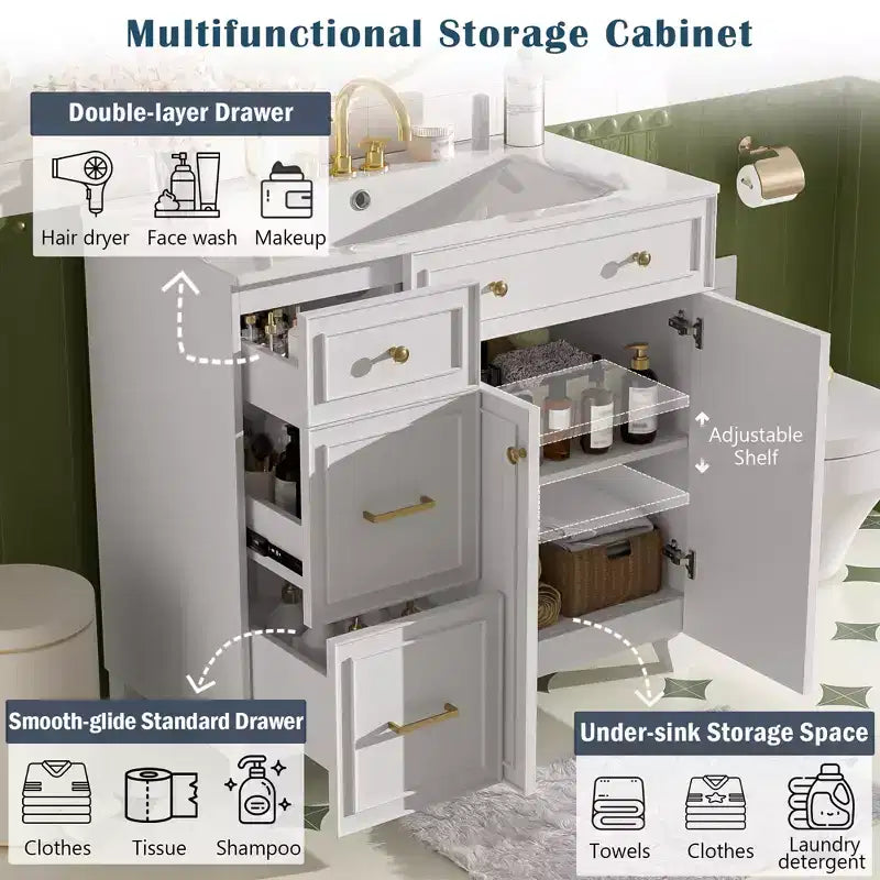 36 Bathroom Vanity Sink Combo with Drawers and Adjustable Shelves, Modern Storage Cabinet with Soft Close Doors