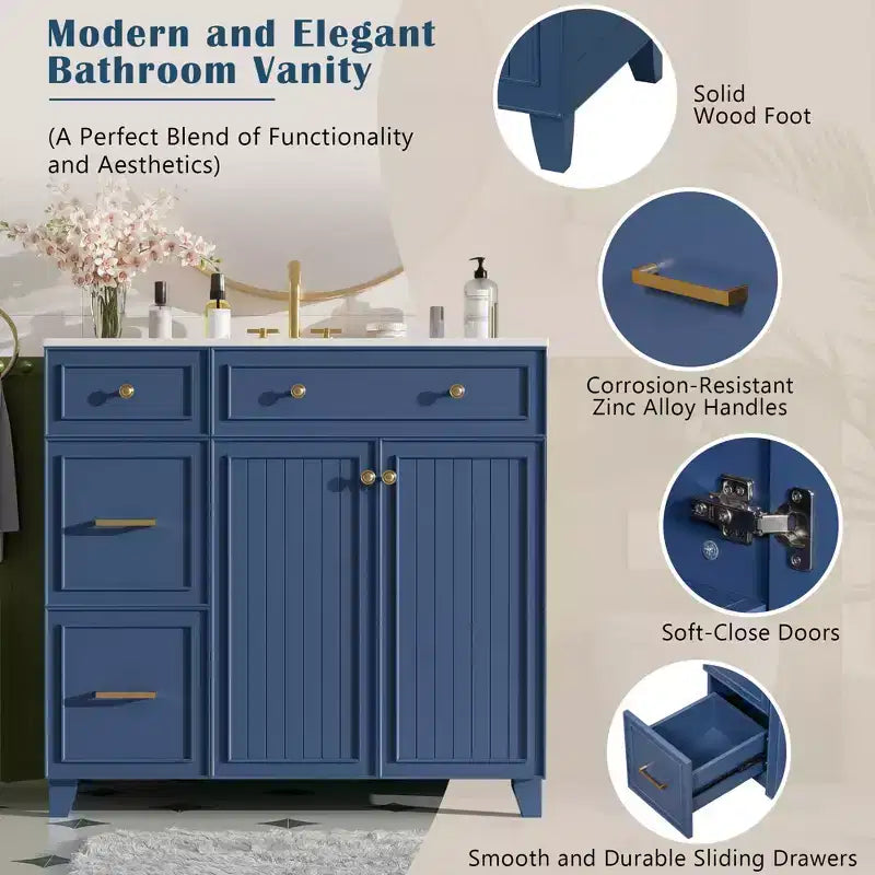 36 Bathroom Vanity Sink Combo with Drawers and Adjustable Shelves, Modern Storage Cabinet with Soft Close Doors