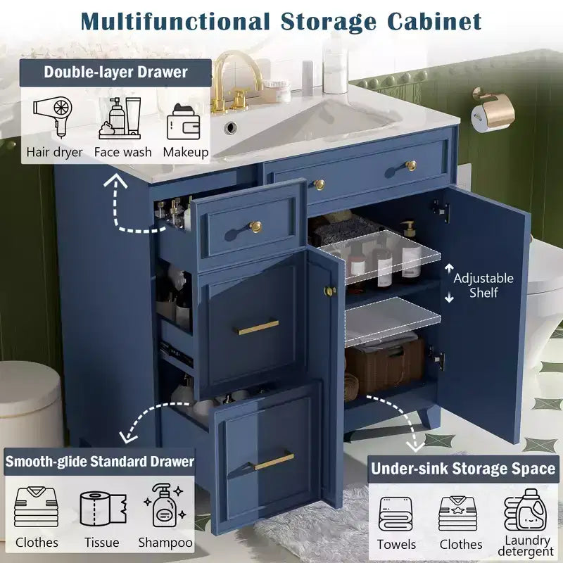 36 Bathroom Vanity Sink Combo with Drawers and Adjustable Shelves, Modern Storage Cabinet with Soft Close Doors