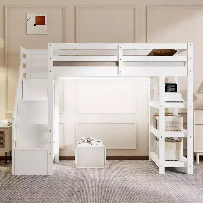 GDFStudio Dalton Loft Bed with Shelves, Storage Staircase, Small Wardrobe and White LED Light