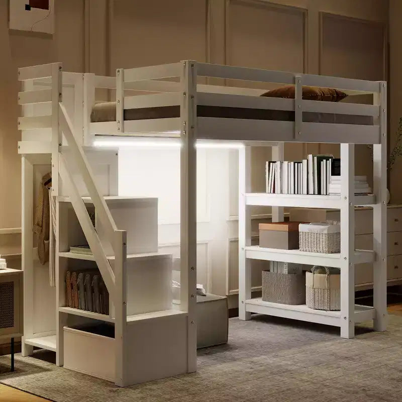 GDFStudio Dalton Loft Bed with Shelves, Storage Staircase, Small Wardrobe and White LED Light