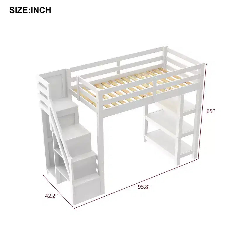 GDFStudio Dalton Loft Bed with Shelves, Storage Staircase, Small Wardrobe and White LED Light