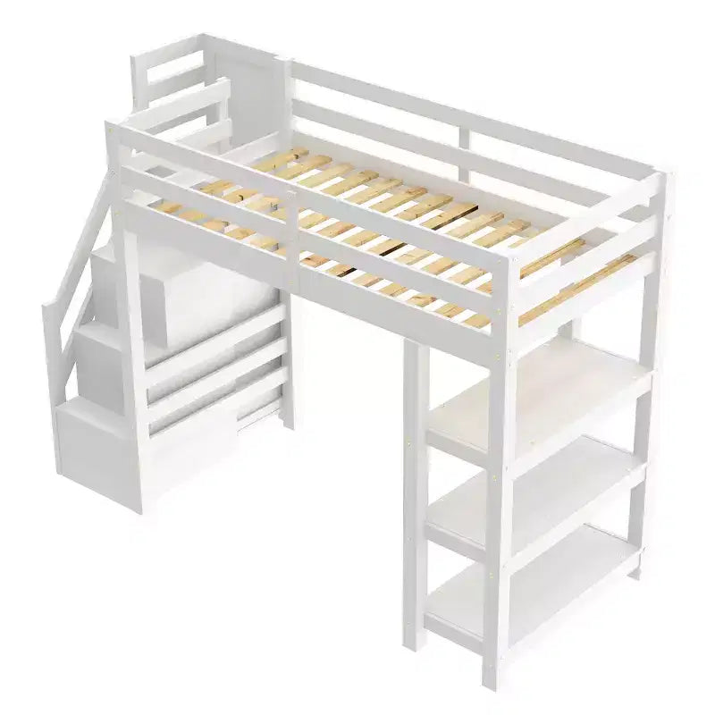 GDFStudio Dalton Loft Bed with Shelves, Storage Staircase, Small Wardrobe and White LED Light