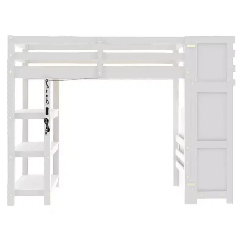 GDFStudio Dalton Loft Bed with Shelves, Storage Staircase, Small Wardrobe and White LED Light