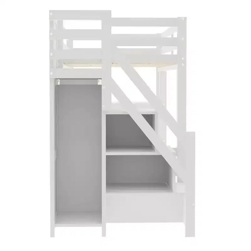 GDFStudio Dalton Loft Bed with Shelves, Storage Staircase, Small Wardrobe and White LED Light