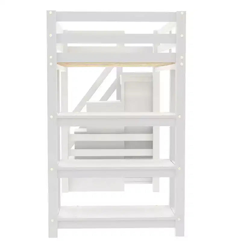 GDFStudio Dalton Loft Bed with Shelves, Storage Staircase, Small Wardrobe and White LED Light