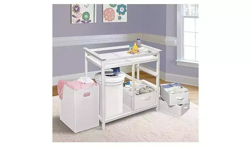 HomeStock Modern Baby Changing Table with 3 Storage Baskets & Laundry Hamper, Safety Rails, Mattress Pad, Nursery Organizer