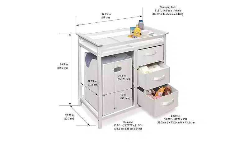 HomeStock Modern Baby Changing Table with 3 Storage Baskets & Laundry Hamper, Safety Rails, Mattress Pad, Nursery Organizer