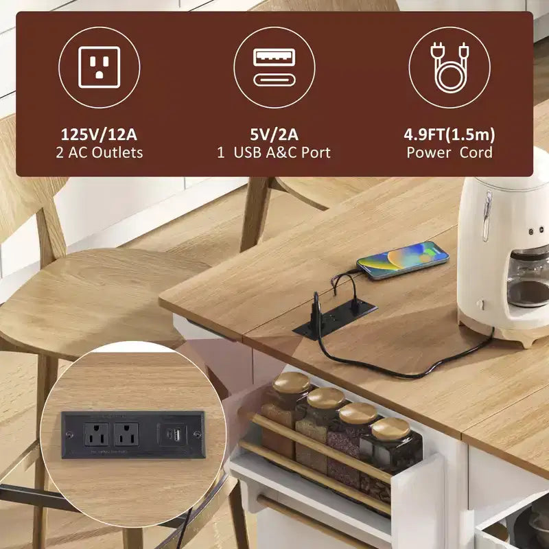 TUYOHW Fluted Kitchen Island with 2 Drop Leaf,Kitchen Storage Cart with Charging Station,Spice Rack,Storage Cabinet for Kitchen,Dining Room