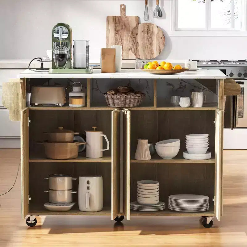 TUYOHW Fluted Kitchen Island with 2 Drop Leaf,Kitchen Storage Cart with Charging Station,Spice Rack,Storage Cabinet for Kitchen,Dining Room