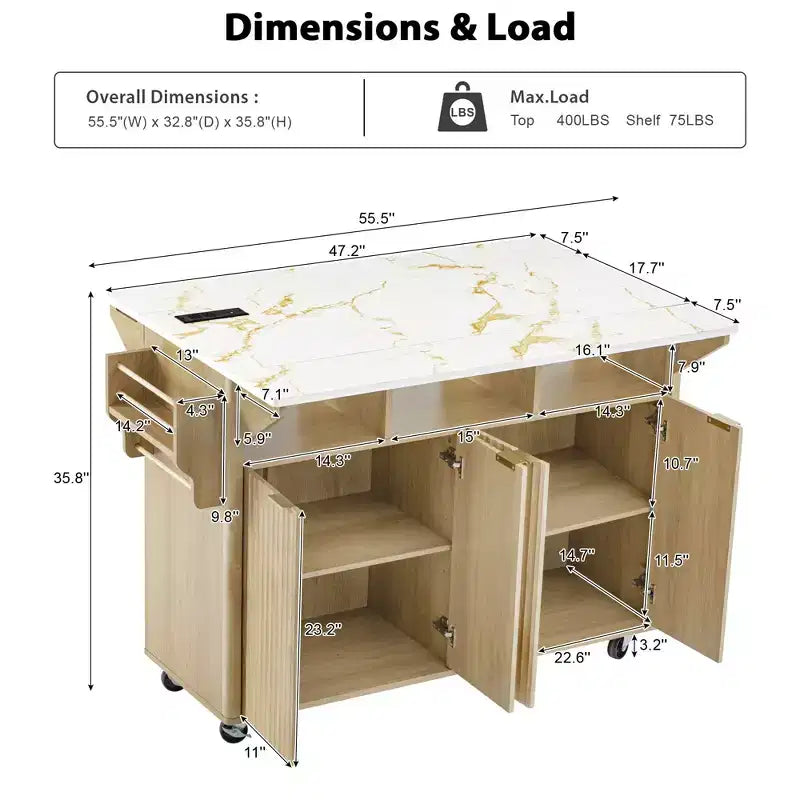 TUYOHW Fluted Kitchen Island with 2 Drop Leaf,Kitchen Storage Cart with Charging Station,Spice Rack,Storage Cabinet for Kitchen,Dining Room