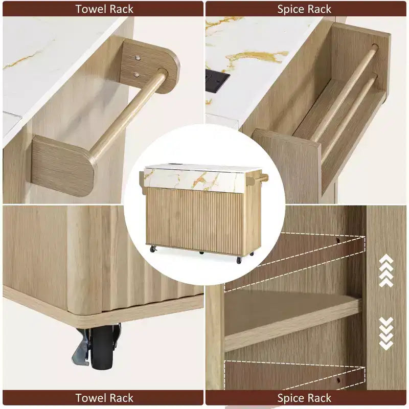 TUYOHW Fluted Kitchen Island with 2 Drop Leaf,Kitchen Storage Cart with Charging Station,Spice Rack,Storage Cabinet for Kitchen,Dining Room