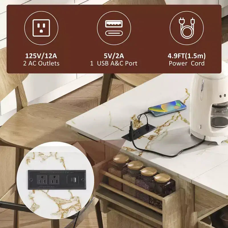 TUYOHW Fluted Kitchen Island with 2 Drop Leaf,Kitchen Storage Cart with Charging Station,Spice Rack,Storage Cabinet for Kitchen,Dining Room