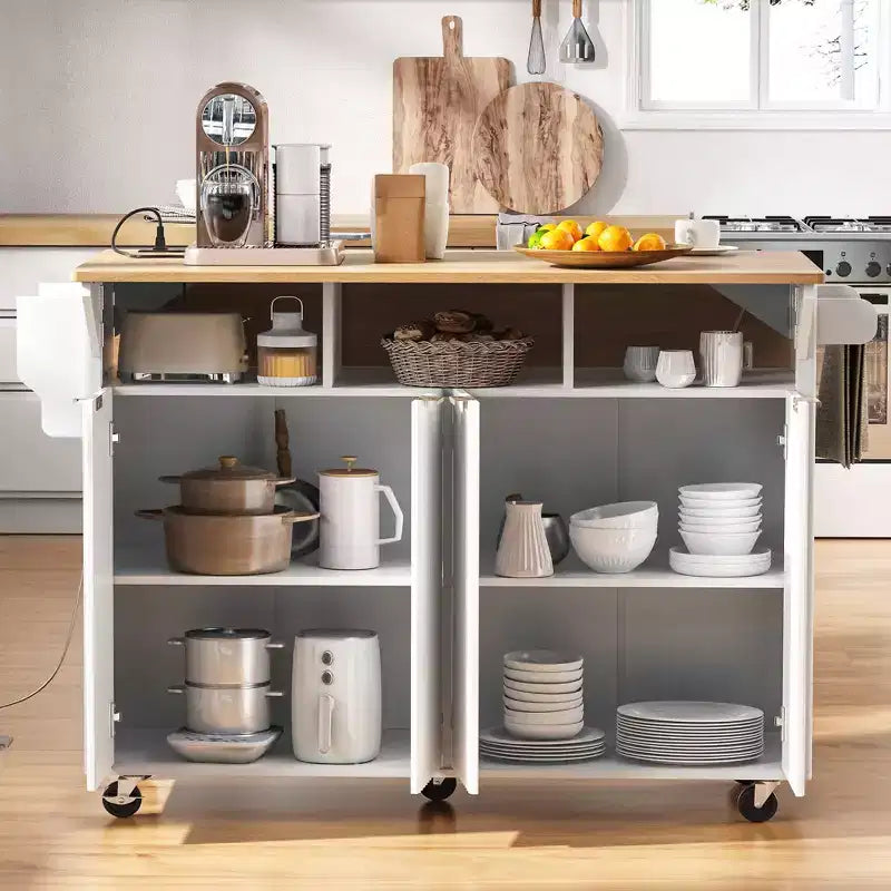 TUYOHW Fluted Kitchen Island with 2 Drop Leaf,Kitchen Storage Cart with Charging Station,Spice Rack,Storage Cabinet for Kitchen,Dining Room