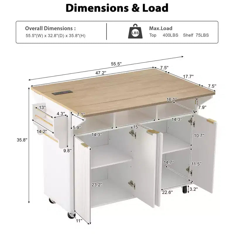 TUYOHW Fluted Kitchen Island with 2 Drop Leaf,Kitchen Storage Cart with Charging Station,Spice Rack,Storage Cabinet for Kitchen,Dining Room