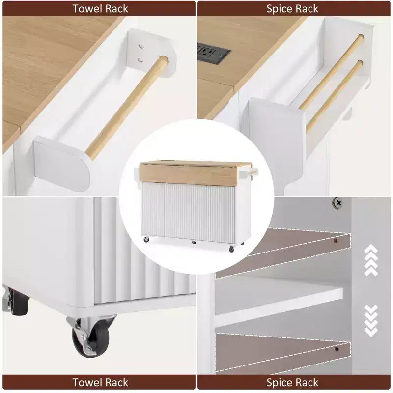 TUYOHW Fluted Kitchen Island with 2 Drop Leaf,Kitchen Storage Cart with Charging Station,Spice Rack,Storage Cabinet for Kitchen,Dining Room