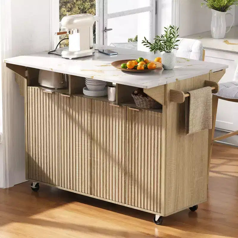 TUYOHW Fluted Kitchen Island with 2 Drop Leaf,Kitchen Storage Cart with Charging Station,Spice Rack,Storage Cabinet for Kitchen,Dining Room